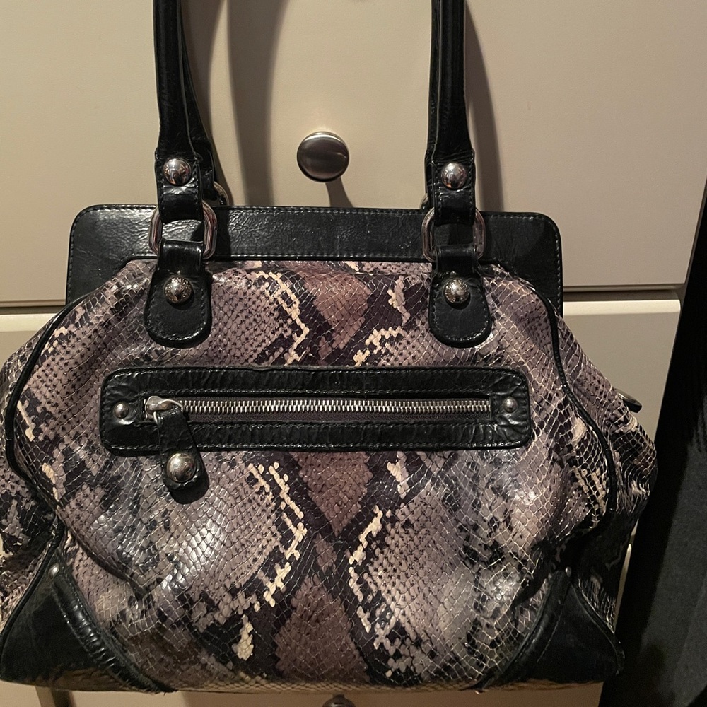 Designer Anne Fontaine Black Leather Bag/ Tote/ Purse w/ Snakeskin Pattern!